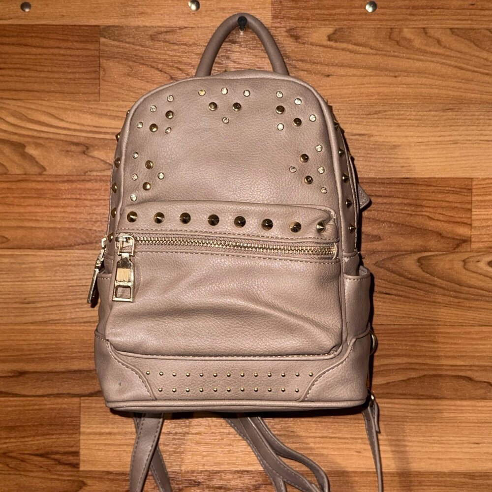 Bebe Backpack Tan women’s backpack Gold Studded Rhinestones Zipper